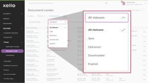 Transcripts page in Xello. The "All Sent Transcripts" dropdown menu is open showing the option to filter by Sent to Institution, Received by Institution, Transcript Expired, and Delivered to Institution